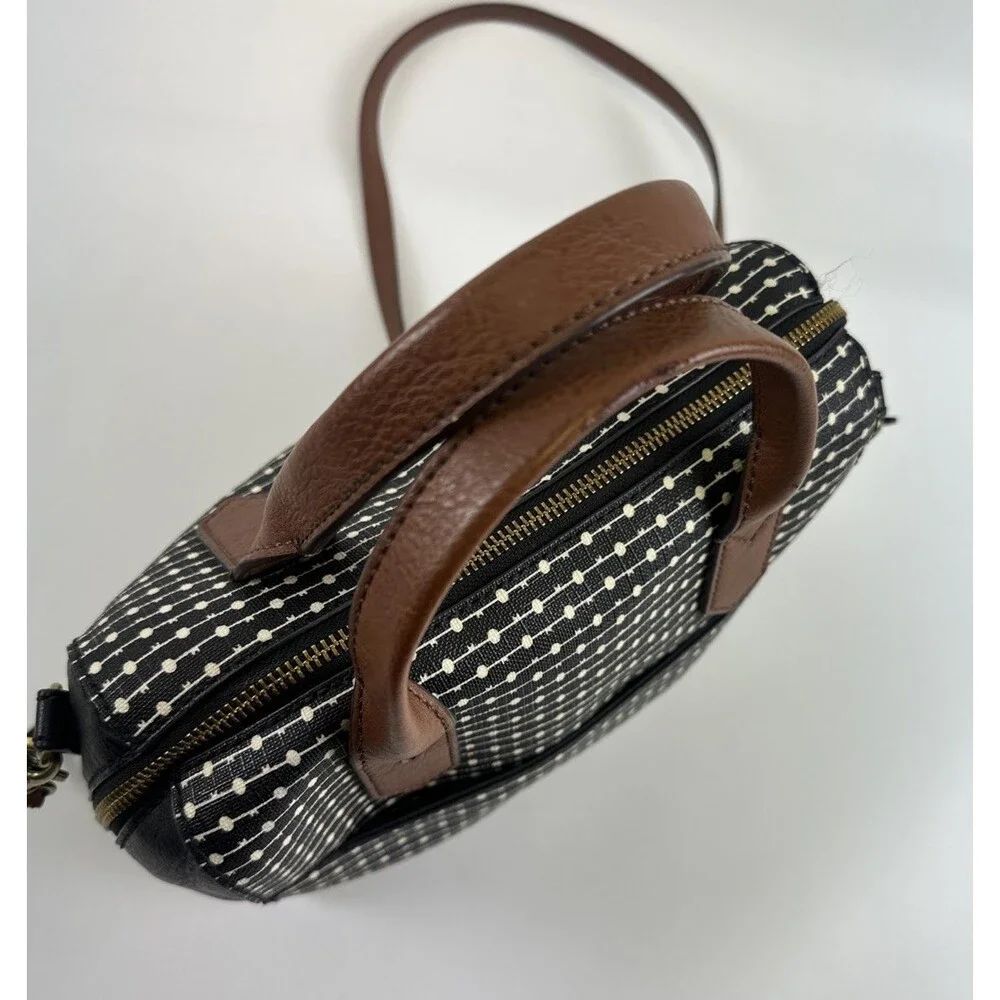 Fossil Fiona Satchel Black White Key Logo Faux Leather Crossbody Double Handle